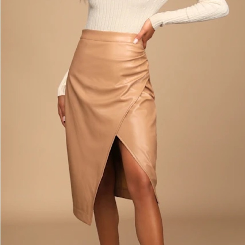 Lulus Stay Sleek Beige Vegan Leather Faux Wrap MIDI Skirt XS